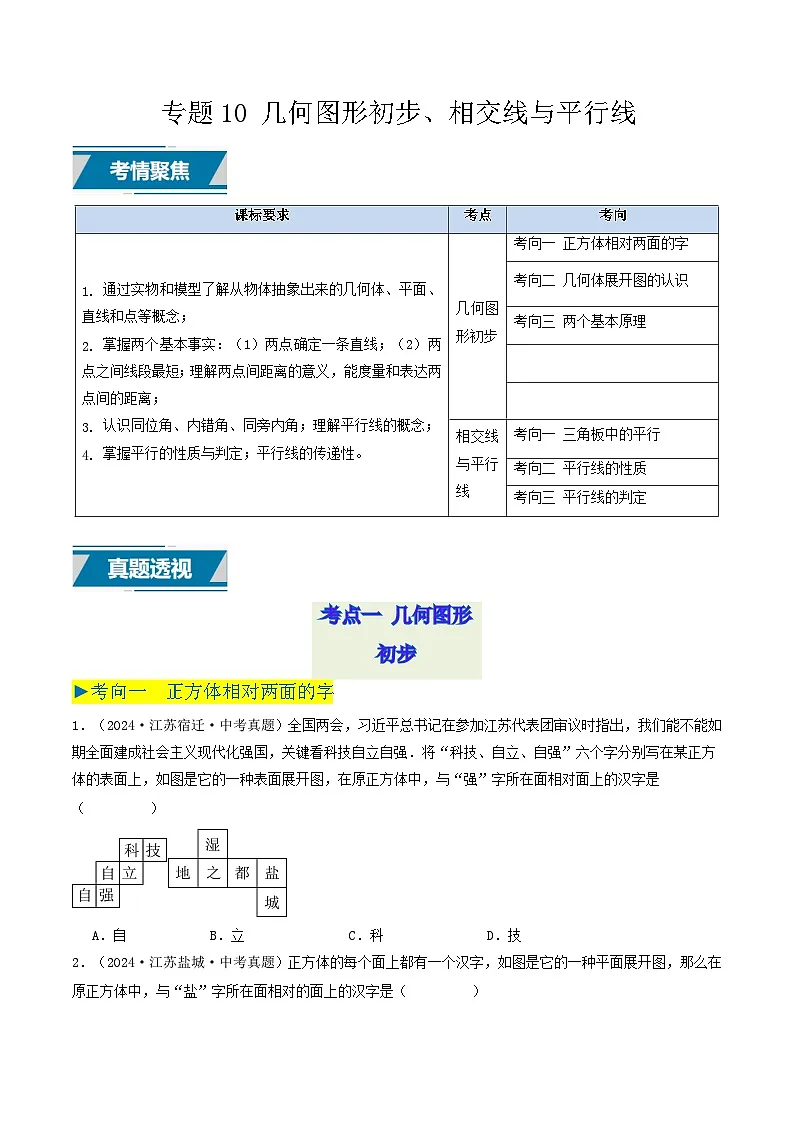 备战2025年中考数学真题汇编特训(江苏专用)专题10几何图形初步、相交线与平行线(原卷版)第1页