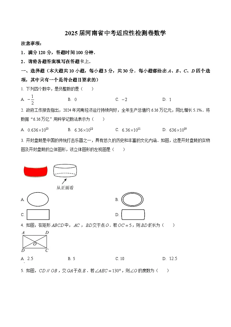 2025年河南省漯河市中考适应性数学检测卷 (原卷版+解析版)(中考模拟)第1页