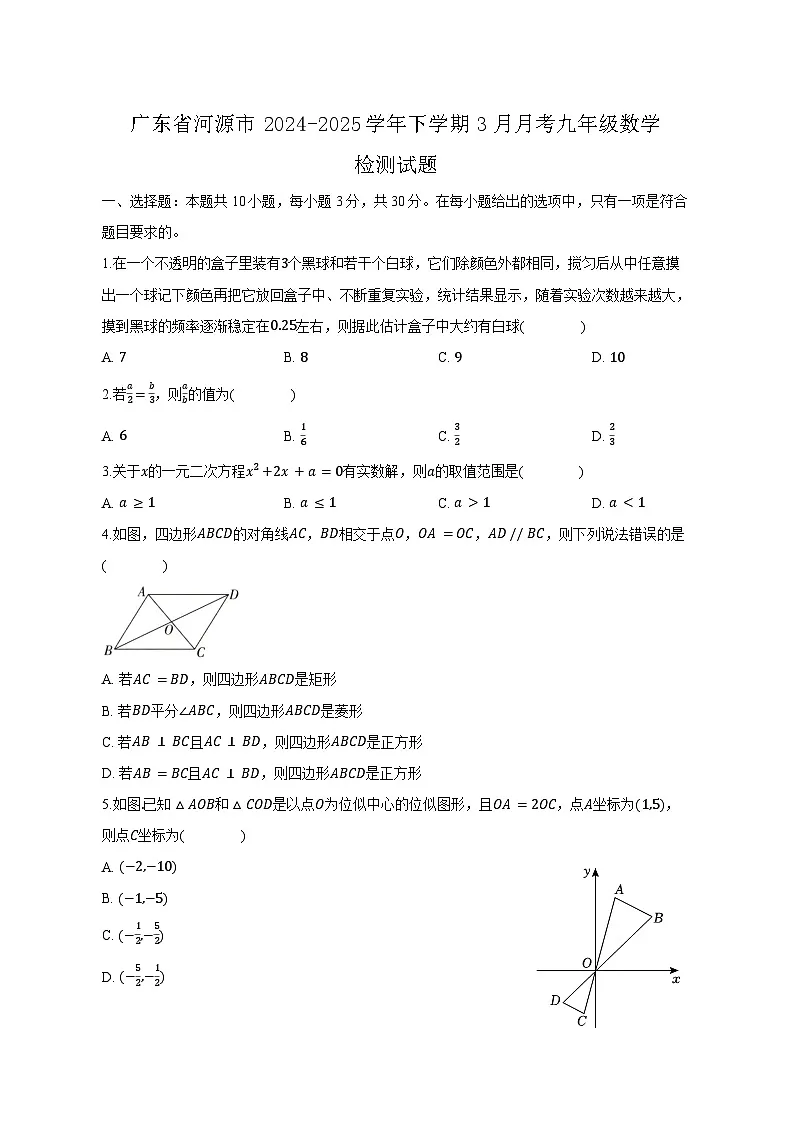 广东省河源市2024-2025学年下学期3月月考九年级数学检测试题(含答案)第1页