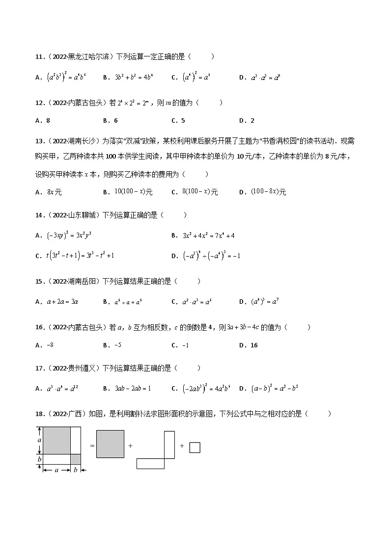 2022年中考数学真题分项汇编(全国通用)专题02整式与因式分解(共58题)(原卷版)第2页