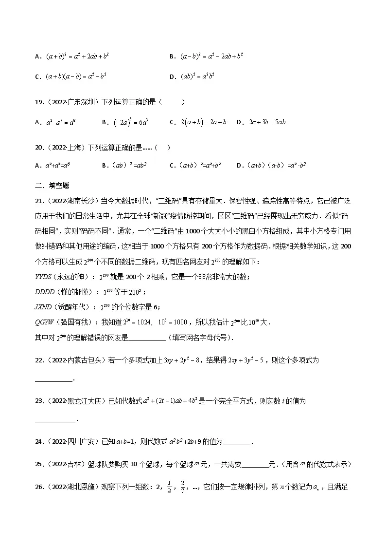 2022年中考数学真题分项汇编(全国通用)专题02整式与因式分解(共58题)(原卷版)第3页