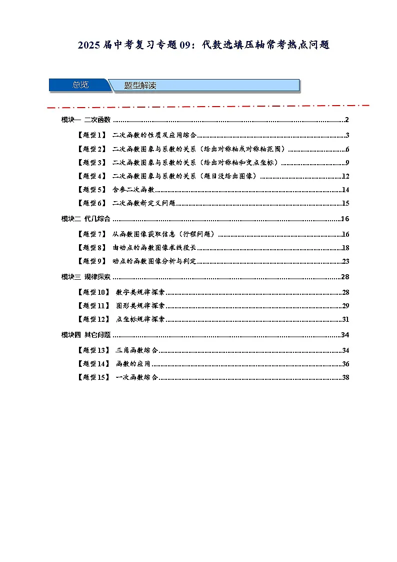 2025年中考数学压轴题型模型方与技巧(通用版)专题09函数选填压轴常考热点问题(原卷版)第1页