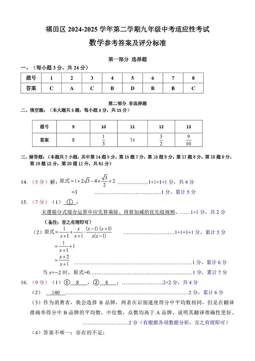 2025年深圳市福田区中考二模数学答案第1页