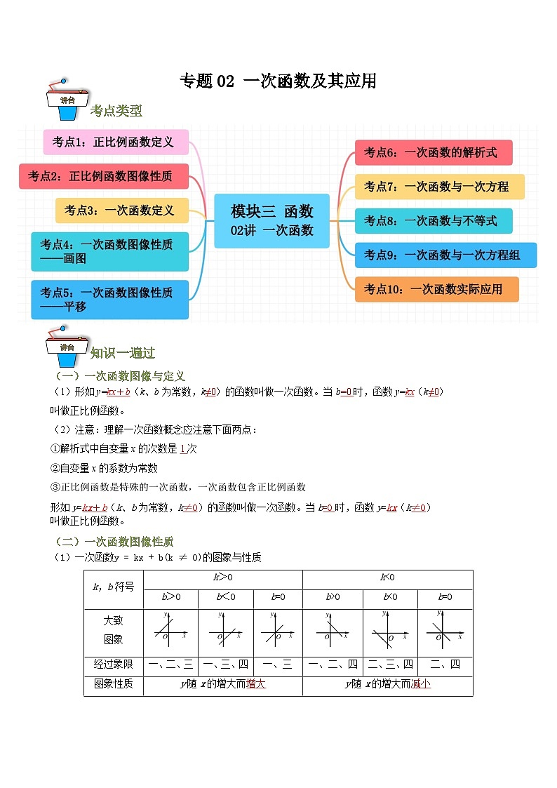 专题02 一次函数及其应用(知识串讲+10大考点)(原卷版)第1页