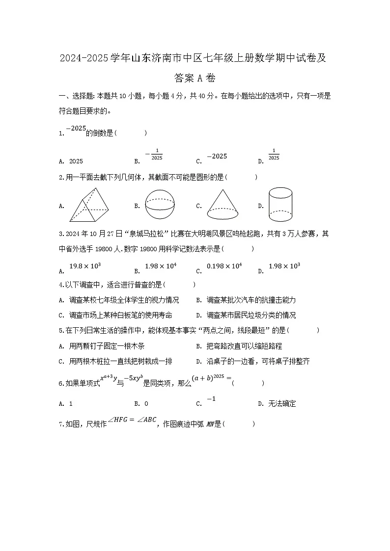 2024-2025学年山东济南市中区七年级上册数学期中试卷及答案A卷第1页