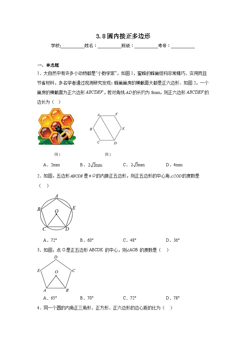 3.8圆内接正多边形同步强化练习 北师大版数学九年级下册第1页
