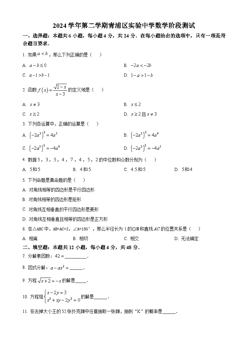 上海市青浦区实验中学2024-2025学年九年级下学期3月考数学试题(原卷版+解析版)第1页