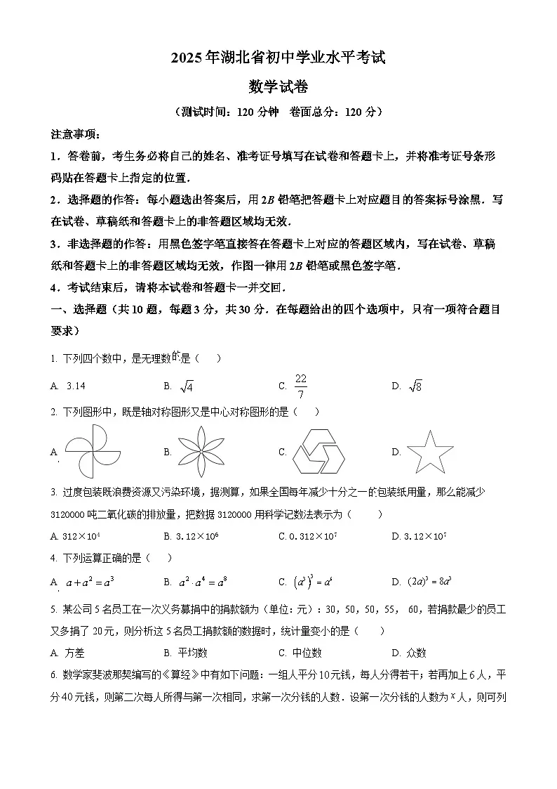 2025年湖北省恩施土家族苗族自治州恩施市中考一模数学试题(中考模拟)第1页