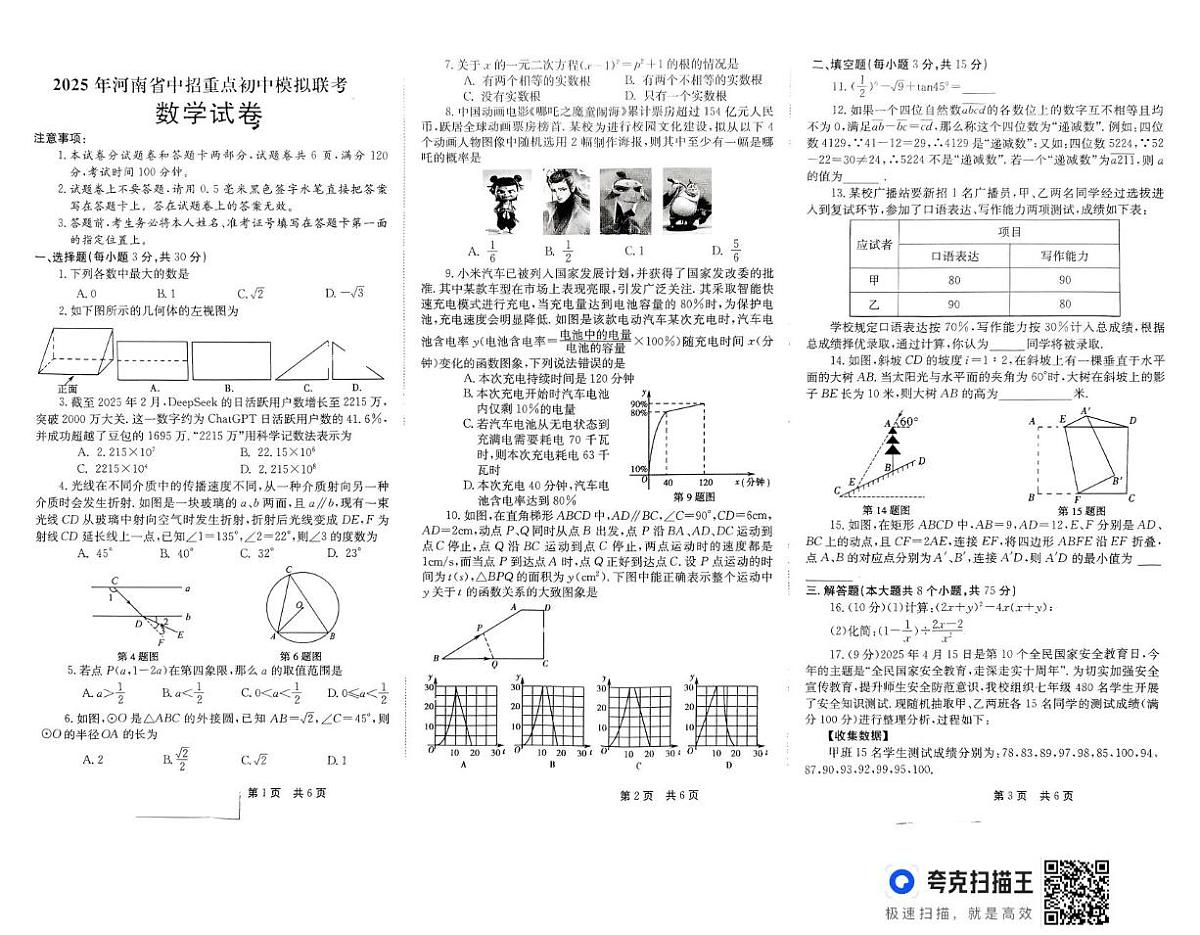 2025年河南省驻马店市汝南县部分初中联考九年级下期一模数学试题第1页