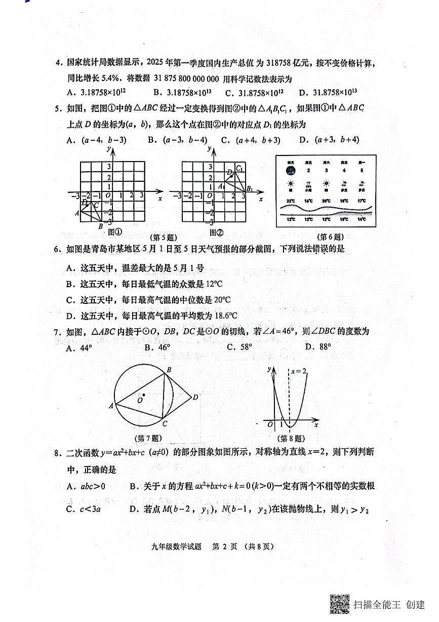2025年山东省青岛市西海岸二模九年级数学试题第2页