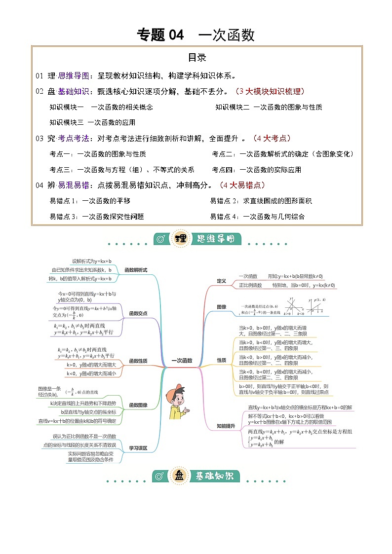 专题04 一次函数(3大模块知识梳理+4个考点+4个易错点)原卷版第1页