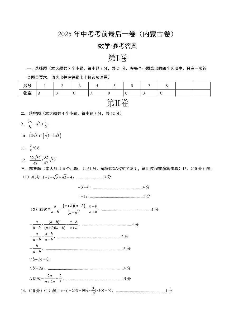数学(内蒙古卷)(参考答案及评分标准)第1页