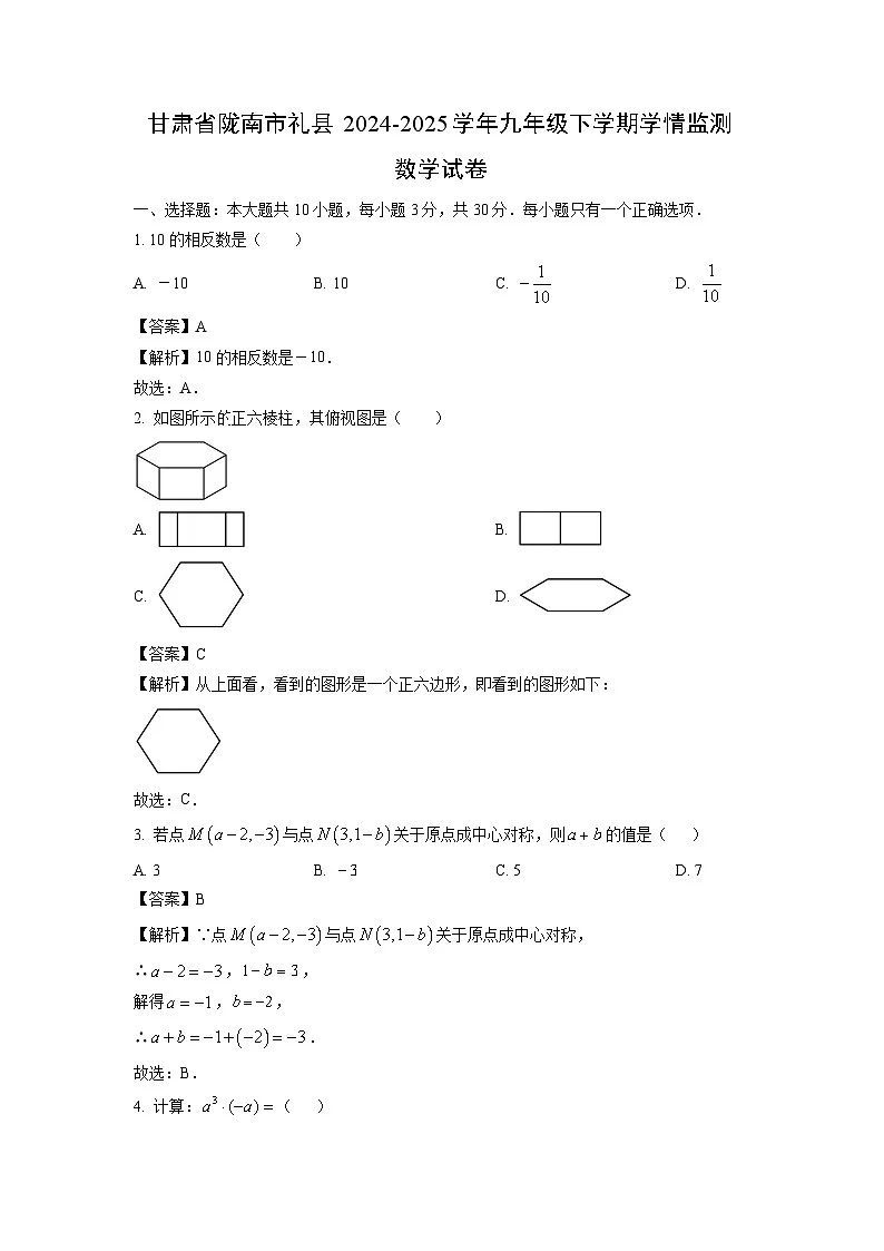 甘肃省陇南市礼县2024-2025学年九年级下学期学情监测数学试卷(解析版)第1页