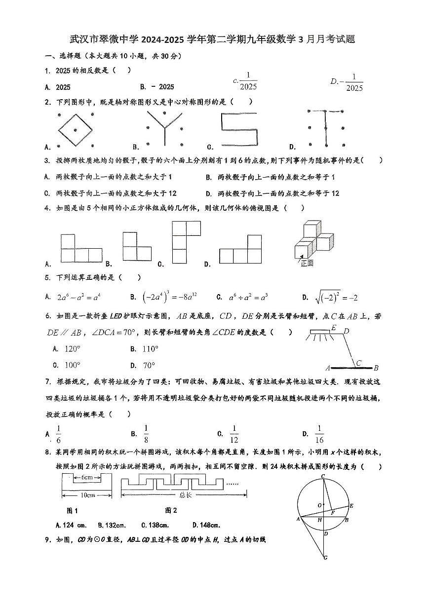 2025年湖北省武汉市汉阳区翠微中学2024-2025学年九年级下学期3月月考数学试卷(中考模拟)第1页