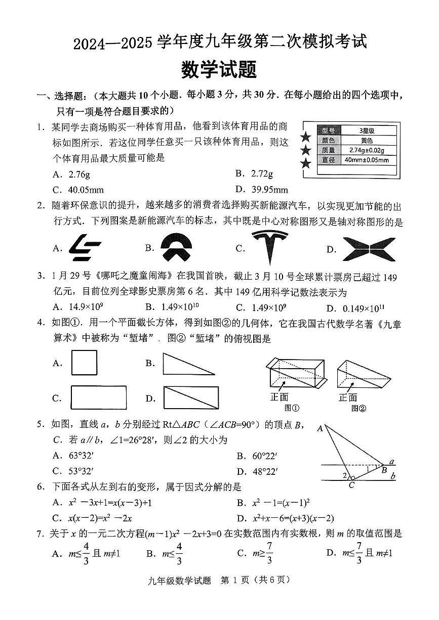 2025年山东省济宁市鱼台县中考 二模数学试题(中考模拟)第1页
