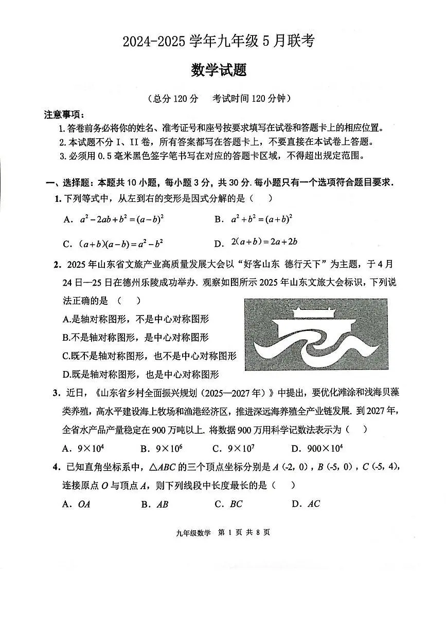 2025年山东省中考数学模拟试题第1页