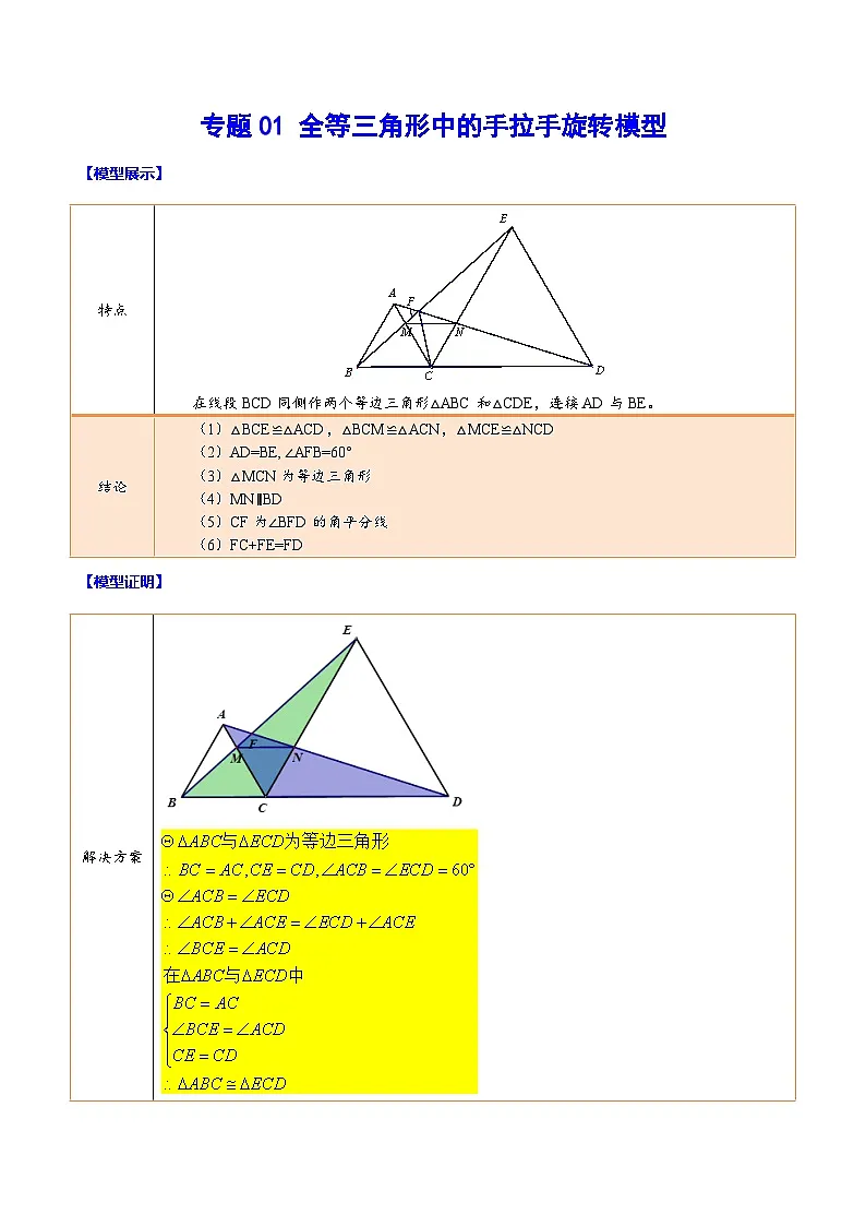 中考数学难点突破与经典模型精讲练(全国通用)专题01全等三角形中的手拉手旋转模型(学生版+解析)第1页