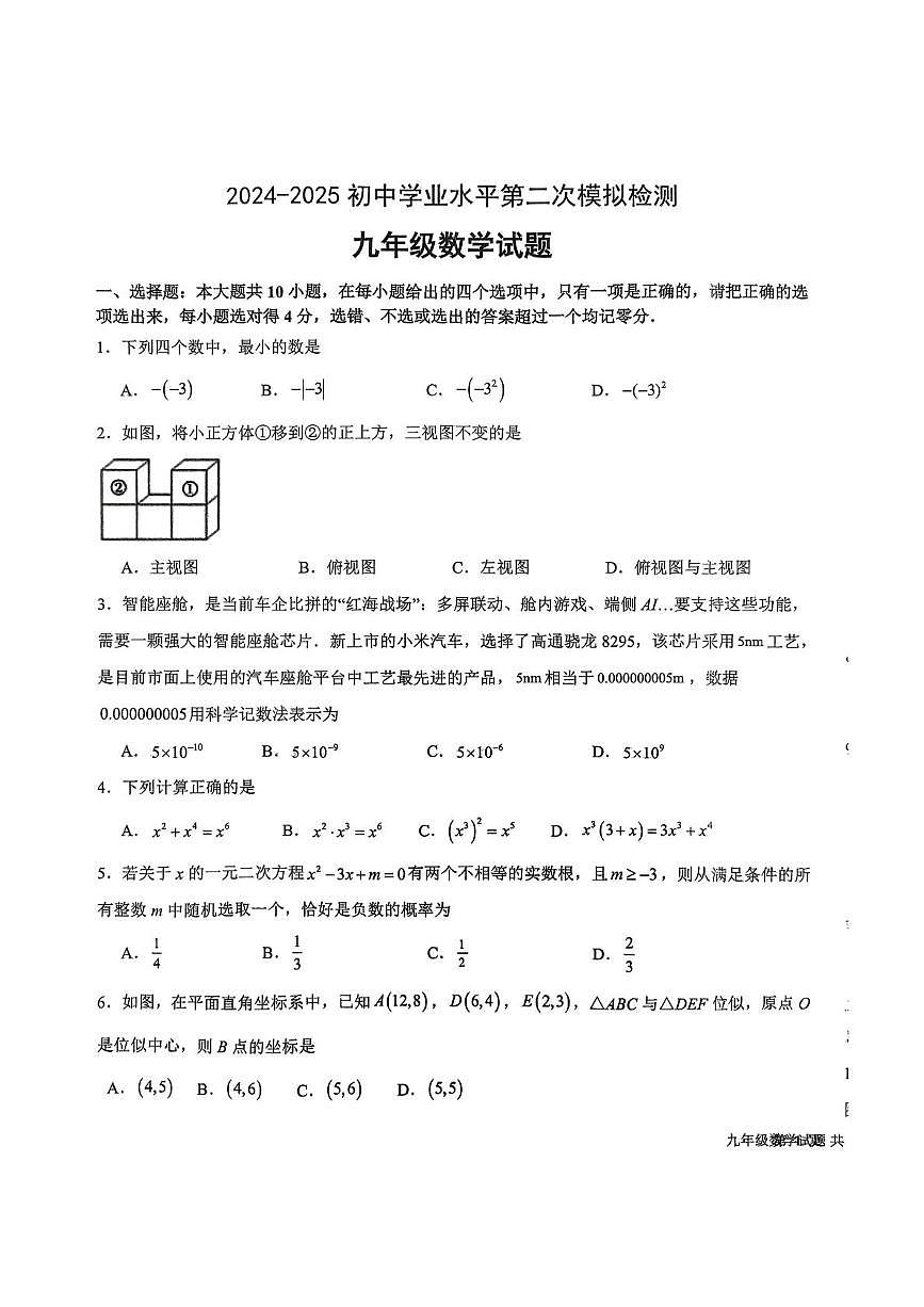 2025年山东省德州市平原县九年级二模数学试题第1页