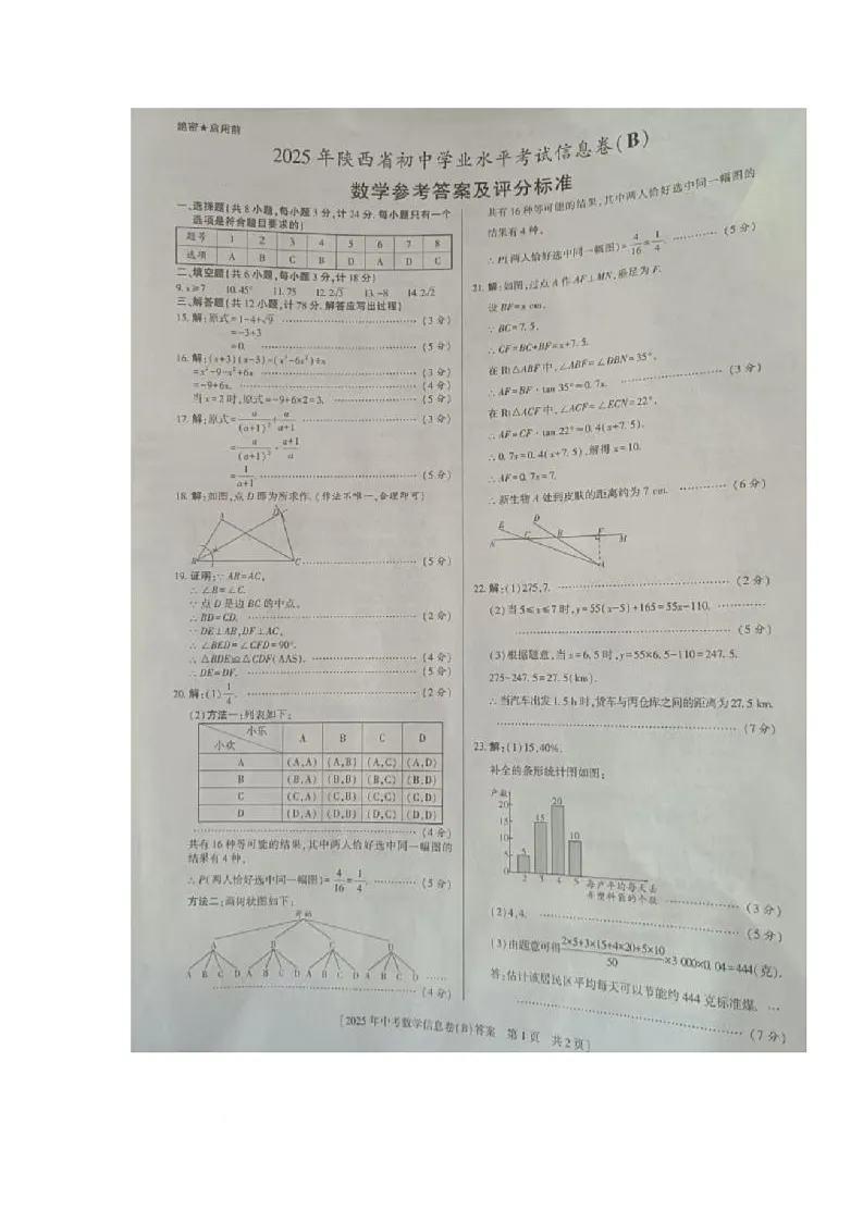 2025年陕西省商洛市商南县商南县白玉片三校三模联考数学试题 数学答案及评分标准第1页