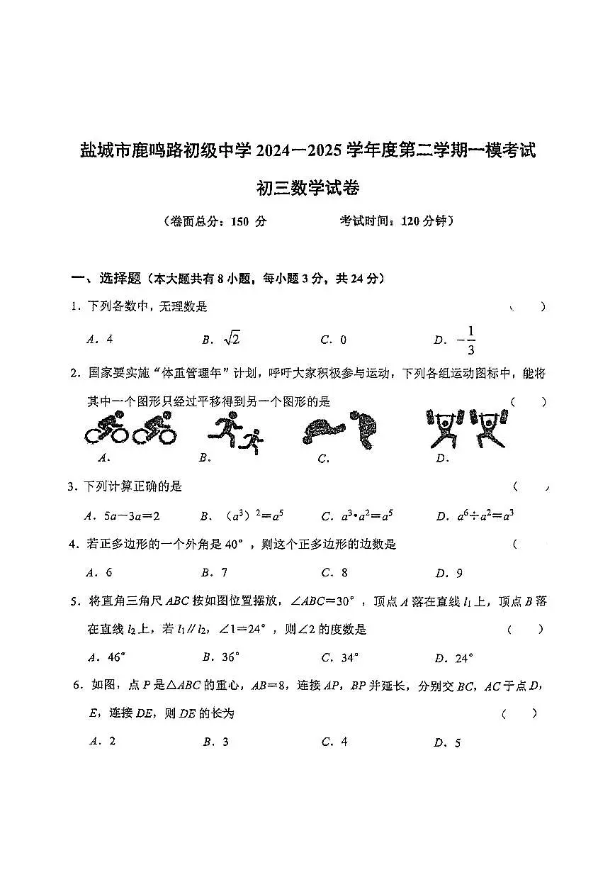 2025年江苏省盐城市两地联考中考一模数学试题无答案第1页