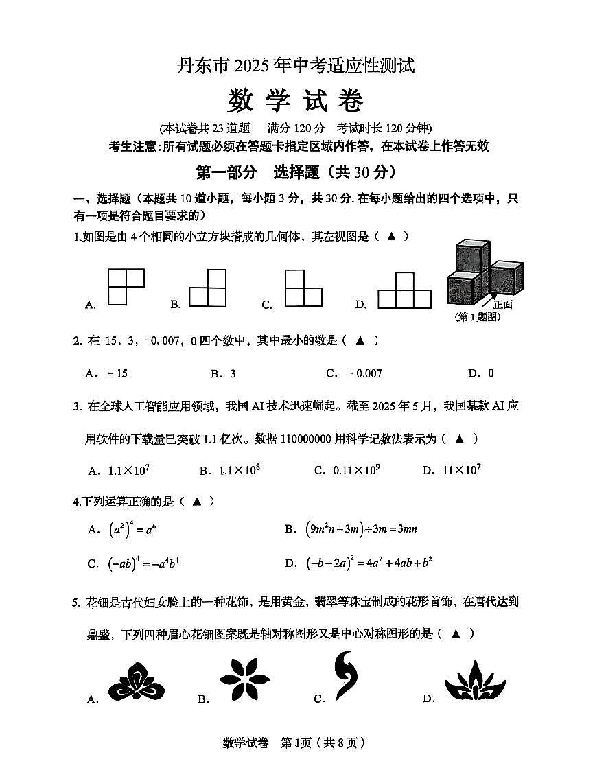 辽宁省丹东市2025年中考二模数学试卷(PDF,含答案)第1页
