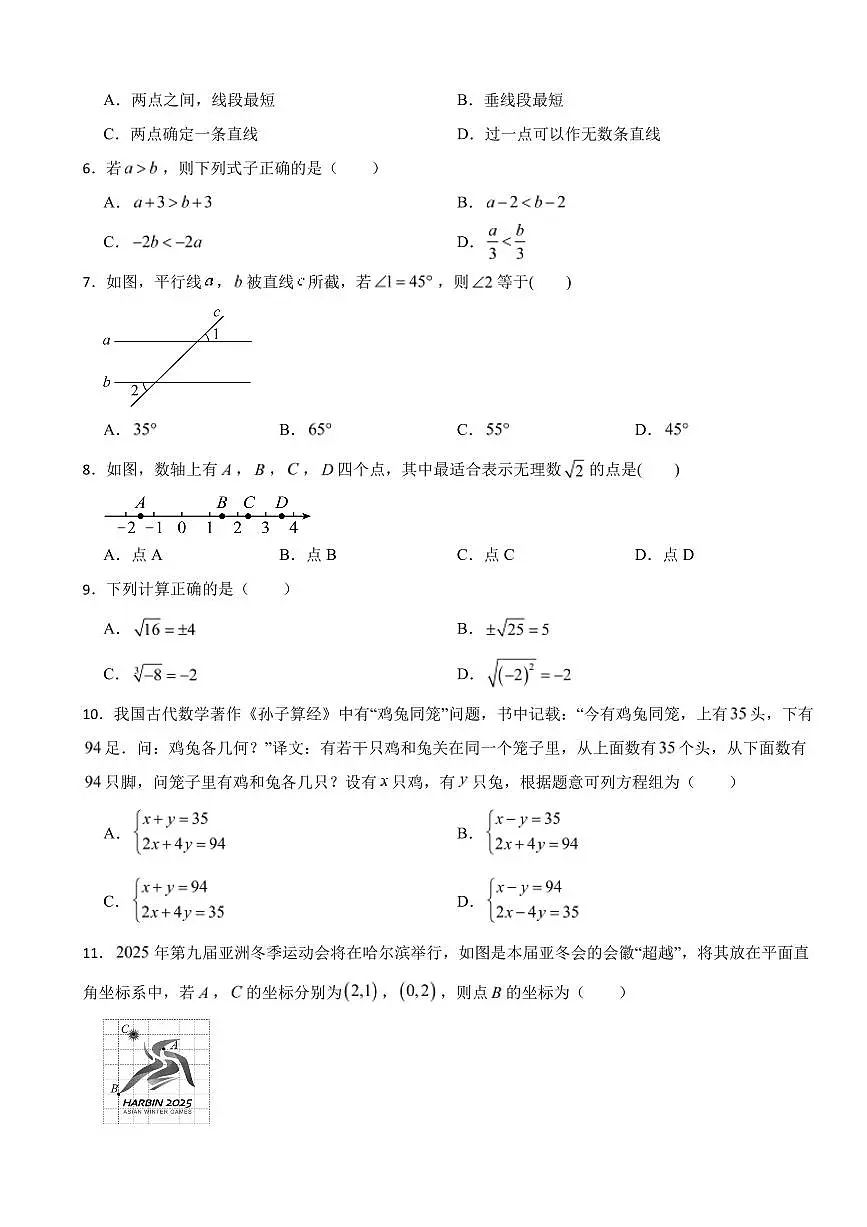 广西南宁市2025年七年级下学期数学期末模拟试题五套附参考答案第2页