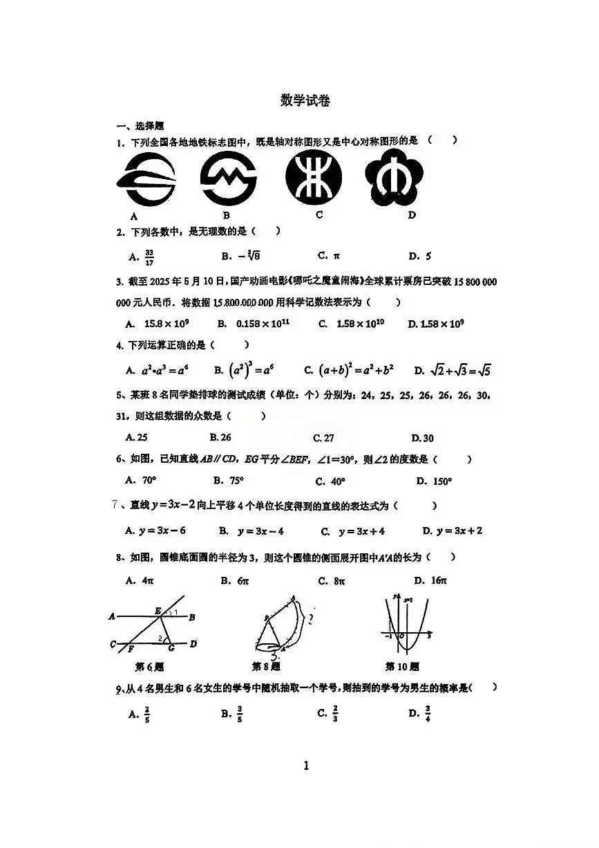 2025年湖南省长沙市开福区青竹湖湘一外国语学校中考二模数学试卷(中考模拟)第1页