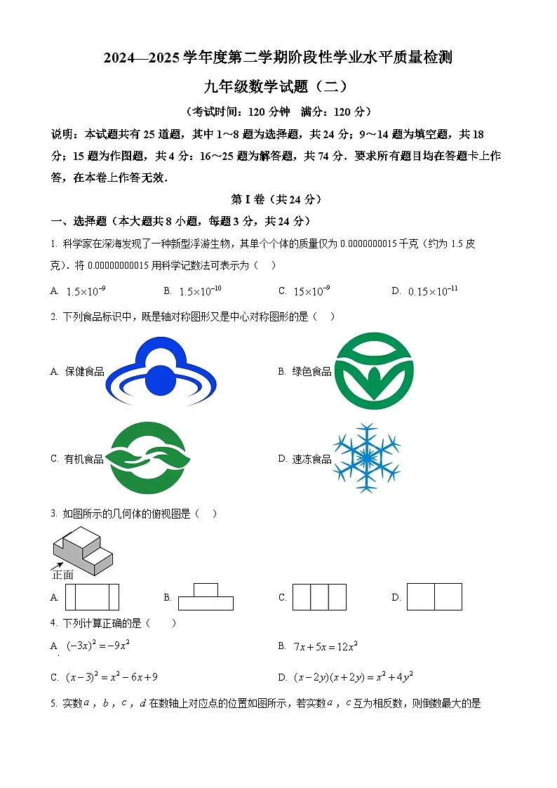 2025年山东省青岛市市南区九年级中考二模数学试题(中考模拟)第1页
