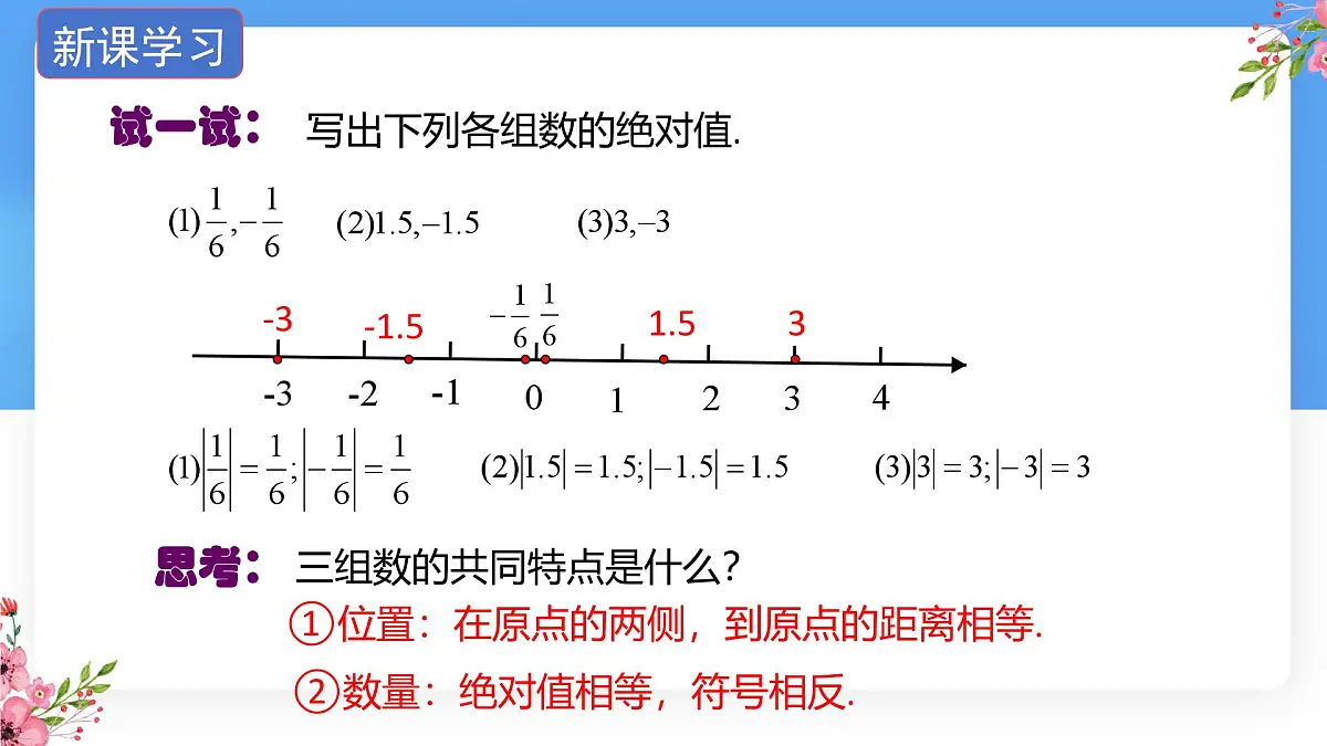 数学冀教版(2024)七年级上册 1.3绝对值与相反数 课件第6页