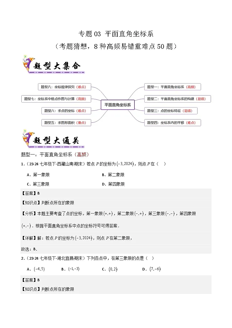 人教版2025年七年级数学下学期期末总复习(专题训练)专题03平面直角坐标系(考题猜想,8种高频易错重难点50题)(教师版)第1页