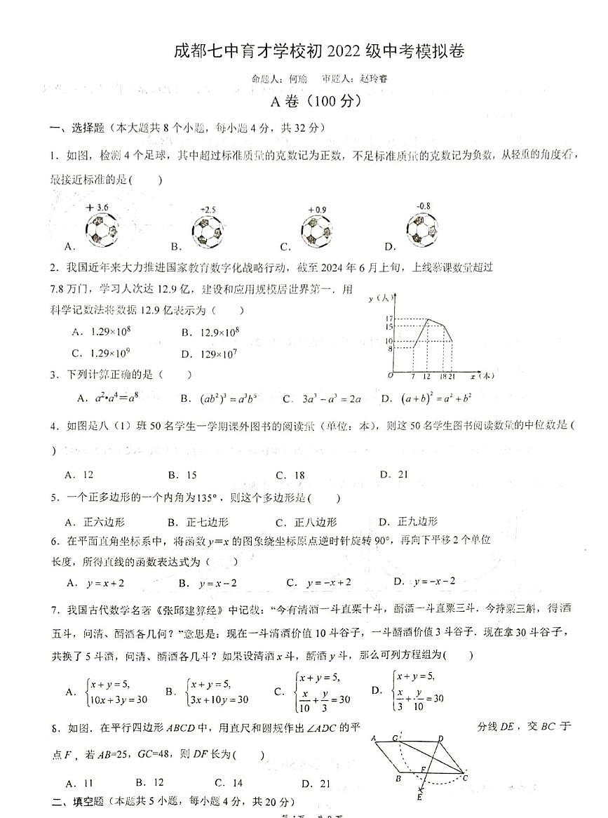 2025听四川省成都市七中育才学校中考模拟数学试题(中考模拟)第1页