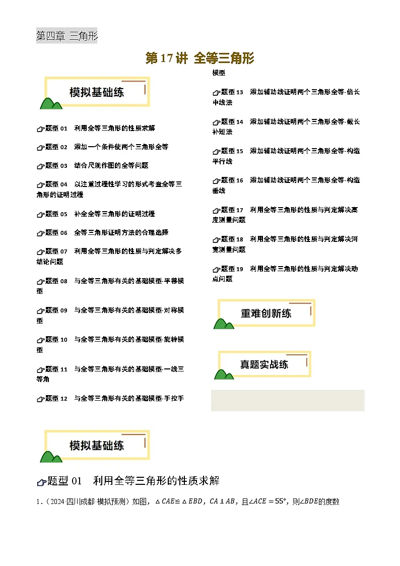 2025年中考数学专项复习第17讲 全等三角形(练习)(原卷版)第1页