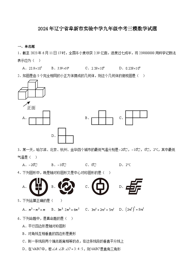 阜新市实验中学2024届九年级下学期中考三模数学试卷(含解析)第1页