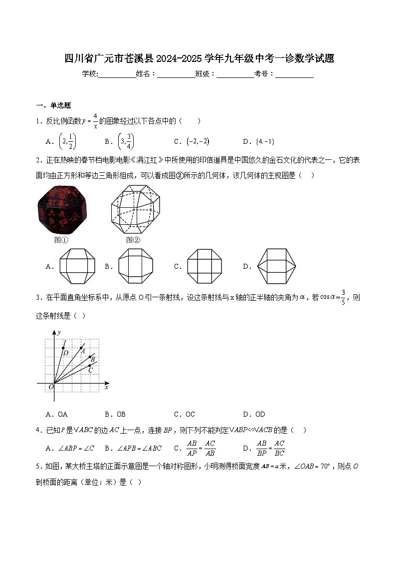 四川省广元市苍溪县2025届九年级下学期中考一诊数学试卷(含解析)第1页