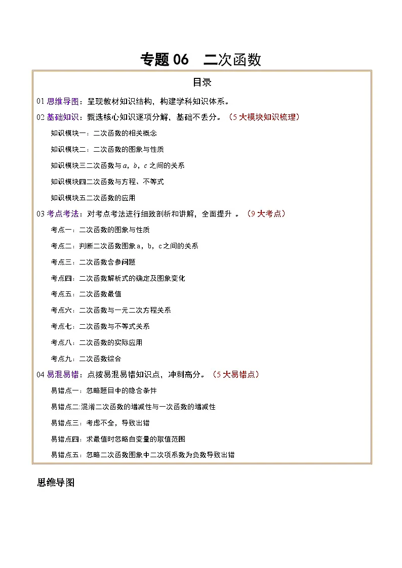 中考数学复习专题06二次函数(知识梳理、考点、易错点)第1页