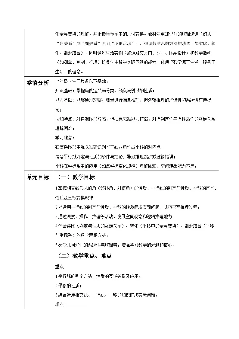 第10章 相交线、平行线与平移 大单元教学设计第2页