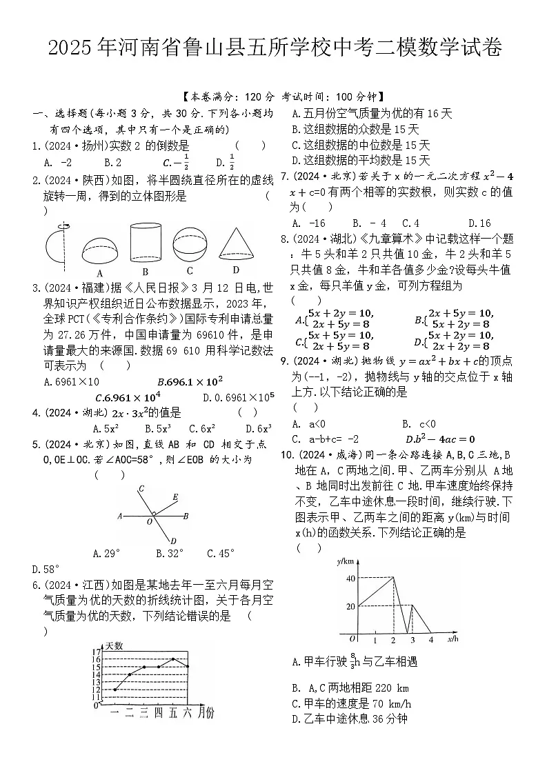 2025年河南省平顶山市鲁山县五所学校中考二模数学试题(中考模拟)第1页