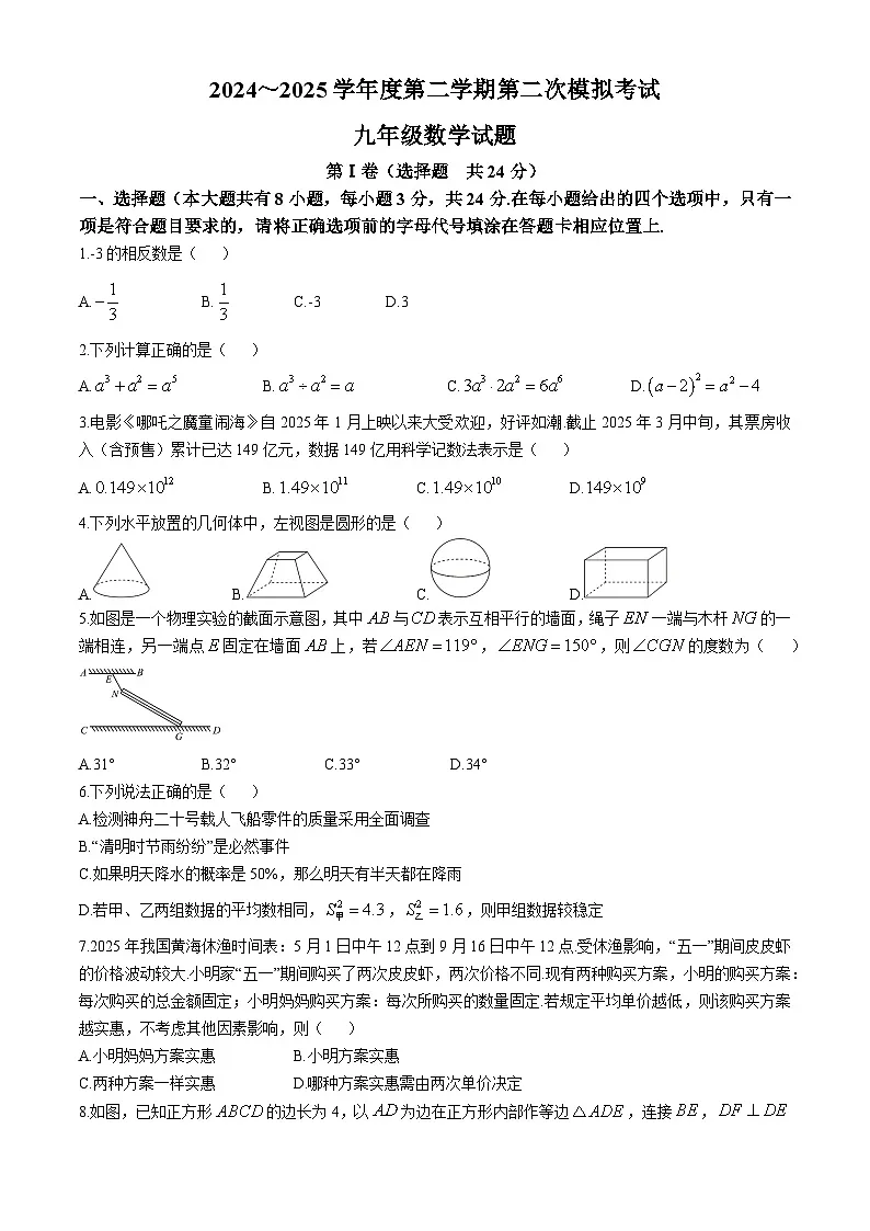 2025年江苏省连云港市新海实验中学中考二模考试数学试题(中考模拟)第1页