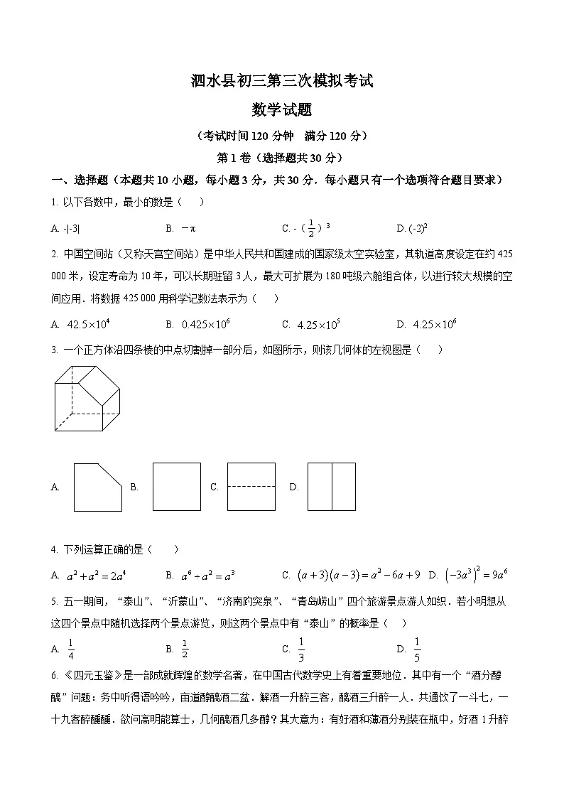2025年山东省济宁市泗水县九年级三模数学试题(中考模拟)第1页
