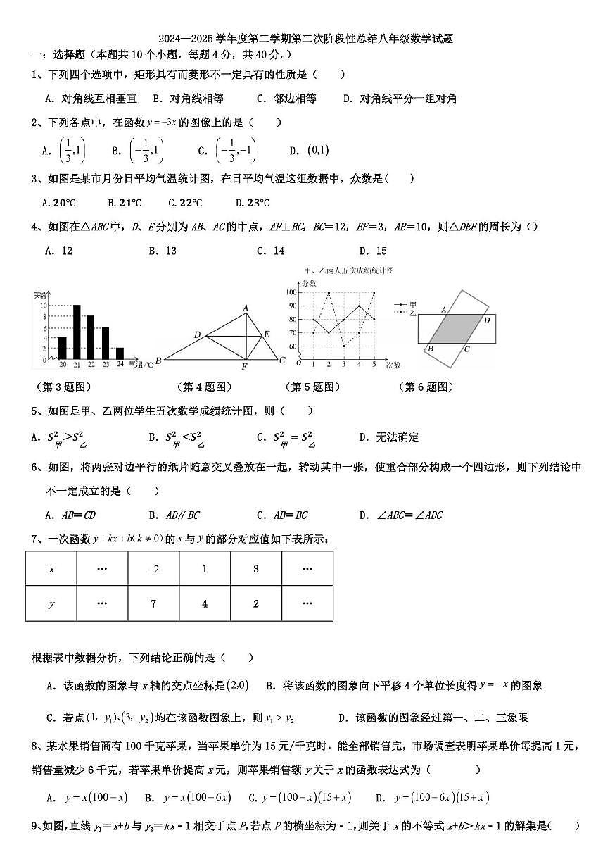 山东省德州市乐陵市朱集镇中学2024-2025学年八年级下学期第二次月考数学试题第1页