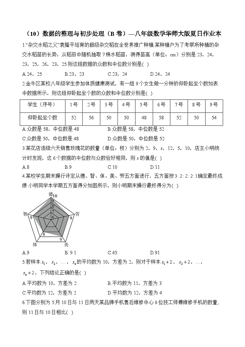 第20章 数据的整理与初步处理 华师大版八年级数学夏日作业本B卷及答案第1页