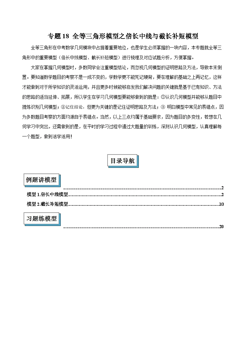 专题18 全等三角形模型之倍长中线与截长补短模型解读与提分精练(全国通用)(解析版)第1页