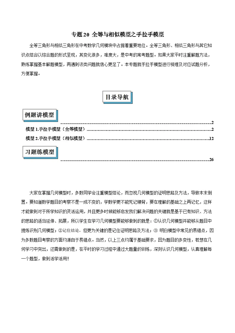 专题20 全等与相似模型之手拉手模型解读与提分精练(全国通用)(解析版)第1页