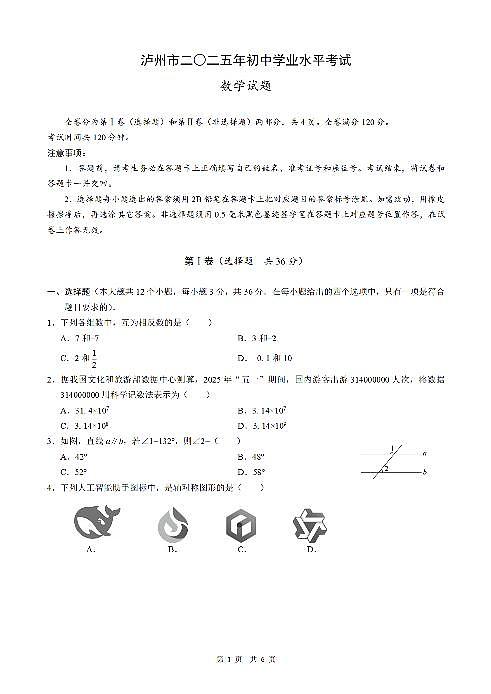 2025《四川省泸州市初中学业水平考试》数学试卷第1页