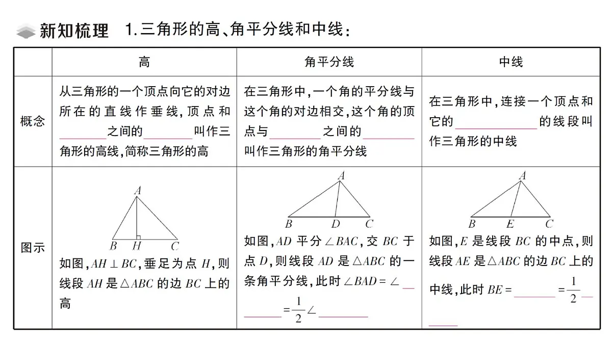 初中数学新湘教版八年级上册4.1第2课时 三角形的高、角平分线和中线课堂作业课件(2025秋)第2页