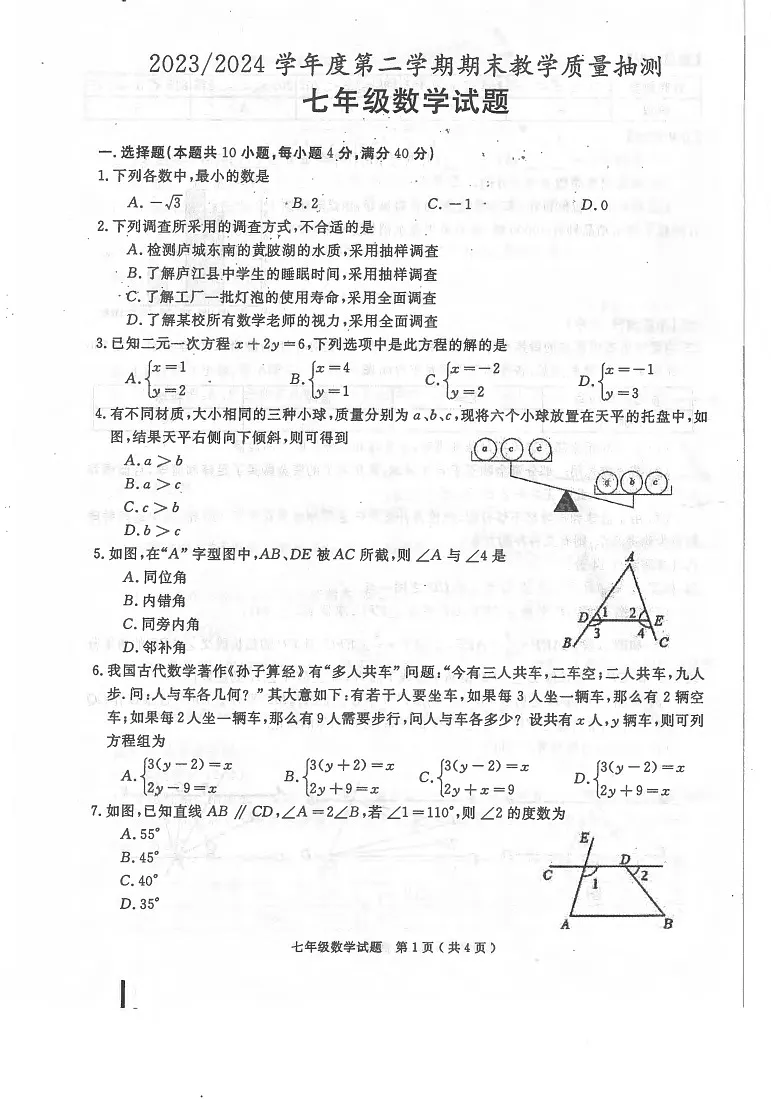 安徽省合肥市庐江县2023-2024学年七年级下学期6月期末数学试题第1页