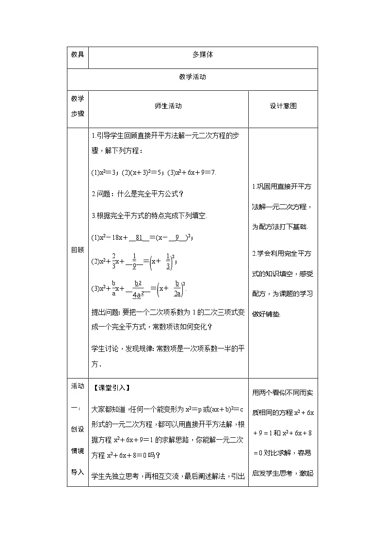 21.2.1 配方法 第2课时 配方法 人教版初中数学九年级上册教案第2页