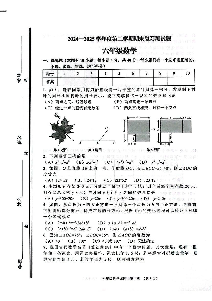 山东省淄博市高青县2024-2025学年六年级下学期期末数学试题无答案)第1页
