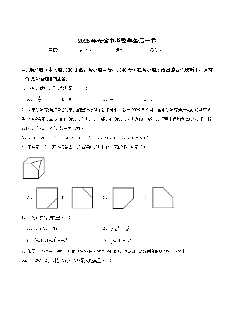 安徽省2025届九年级下学期中考最后一卷数学试卷(含解析)第1页