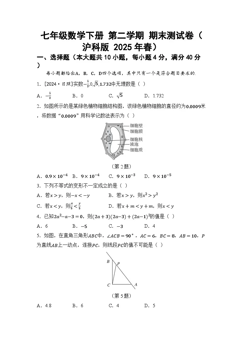 七年级数学下册 第二学期 期末测试卷(沪科版 2025年春)第1页
